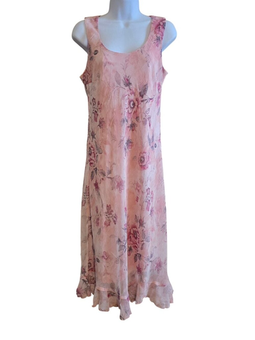 Floral Sleeveless Pink Dress With Ruffled Hem & Crinkle Texture cottagecore